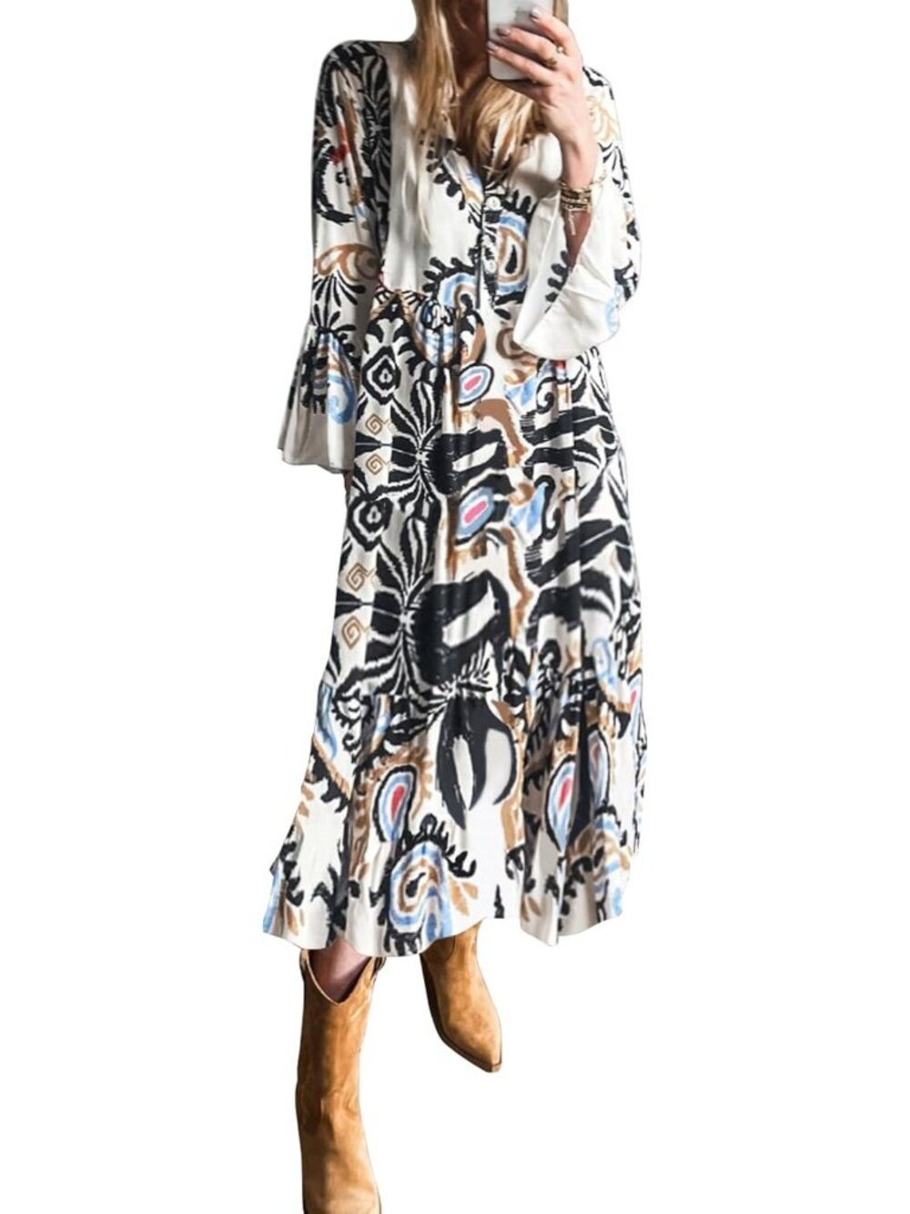 Boho Summer 3/4 Sleeve V Neck Tribal Print Flowy Midi Maxi Dress for Women